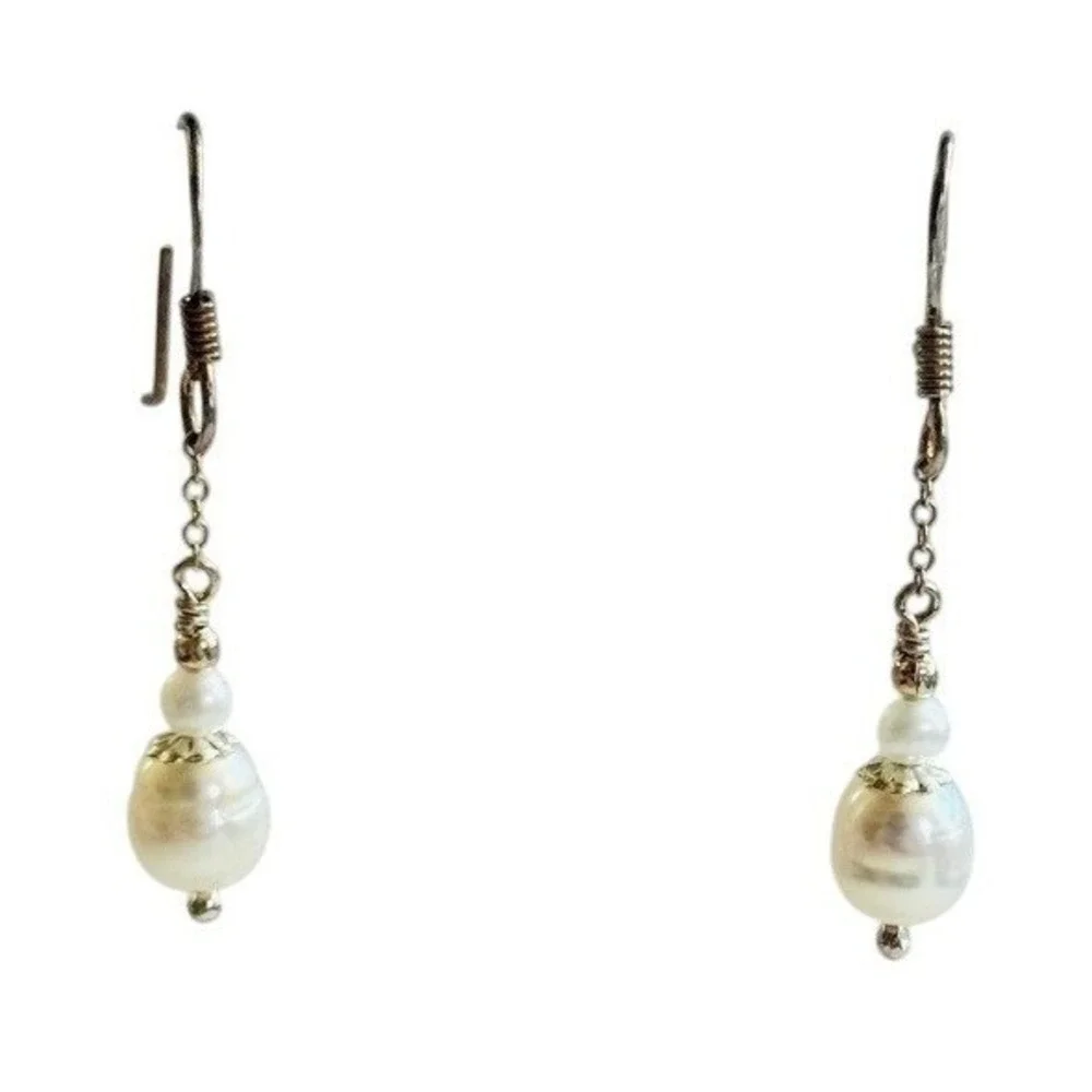 VTG Freshwater Pearl Baroque Earrings BOHO sterling 925 Dangle hook Artisan rare